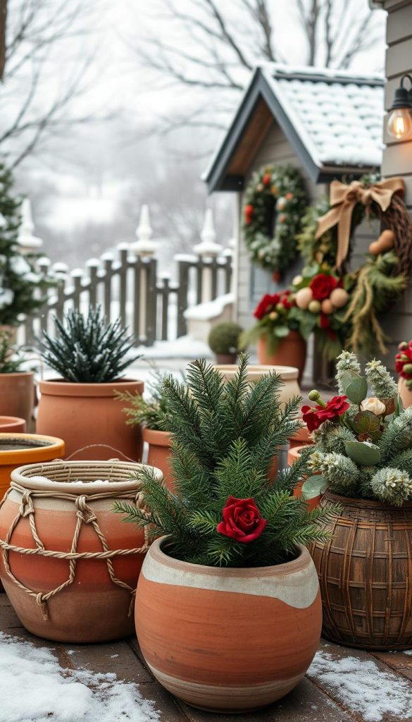 A cozy outdoor winter scene showcasing the latest Christmas trends for 2025. In the foreground, a collection of natural, DIY-inspired planters and wreaths in warm, earthy tones of terracotta, olive, and mustard. Textured, organic materials like woven rattan, smooth ceramic, and weathered wood create a rustic, handcrafted aesthetic. In the middle ground, lush greenery and festive floral accents in shades of evergreen and burgundy add pops of color. The background features a soft, atmospheric winter landscape with a gentle snowfall and a glimpse of a charming KlickKiste cottage. Subtle lighting, a muted color palette, and a dreamy, Pinterest-inspired mood evoke a sense of hygge and holiday cheer. A cozy outdoor winter scene showcasing the latest Christmas trends for 2025. In the foreground, a collection of natural, DIY-inspired planters and wreaths in warm, earthy tones of terracotta, olive, and mustard. Textured, organic materials like woven rattan, smooth ceramic, and weathered wood create a rustic, handcrafted aesthetic. In the middle ground, lush greenery and festive floral accents in shades of evergreen and burgundy add pops of color. The background features a soft, atmospheric winter landscape with a gentle snowfall and a glimpse of a charming KlickKiste cottage. Subtle lighting, a muted color palette, and a dreamy, Pinterest-inspired mood evoke a sense of hygge and holiday cheer.