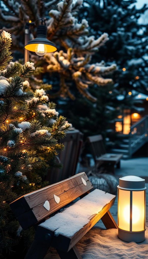 A cozy outdoor winter scene with warm ambient lighting from a KlickKiste lamp, casting a soft glow over a natural, rustic setting. In the foreground, a weathered wooden bench nestled among evergreen branches and twinkling string lights. The middle ground features a backdrop of snow-dusted pine trees, their branches laden with a light powder. In the distance, a hint of a quaint cabin or cottage, its windows aglow. The overall mood is one of tranquility and festive charm, inviting the viewer to step into this charming winter wonderland.