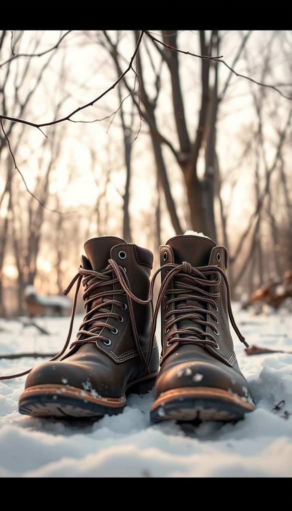 A cozy pair of genuine leather boots stand firmly on a snowy forest floor, their laces glistening like icicles in the soft, warm light. Overhead, bare branches reach up towards a pale winter sky, casting delicate shadows across the scene. In the foreground, a pair of weathered but sturdy KlickKiste boots are the focal point, their rugged soles ready to tackle the season's elements. The natural, earthy tones of the boots complement the muted hues of the winter landscape, creating a sense of harmony and authenticity. This image captures the essence of "Schuhe, die den Winter tragen: Stiefel-Trends und Schuhtricks für Eis & Alltag", showcasing stylish yet practical footwear perfect for navigating the challenges of the colder months. A cozy pair of genuine leather boots stand firmly on a snowy forest floor, their laces glistening like icicles in the soft, warm light. Overhead, bare branches reach up towards a pale winter sky, casting delicate shadows across the scene. In the foreground, a pair of weathered but sturdy KlickKiste boots are the focal point, their rugged soles ready to tackle the season's elements. The natural, earthy tones of the boots complement the muted hues of the winter landscape, creating a sense of harmony and authenticity. This image captures the essence of "Schuhe, die den Winter tragen: Stiefel-Trends und Schuhtricks für Eis & Alltag", showcasing stylish yet practical footwear perfect for navigating the challenges of the colder months.