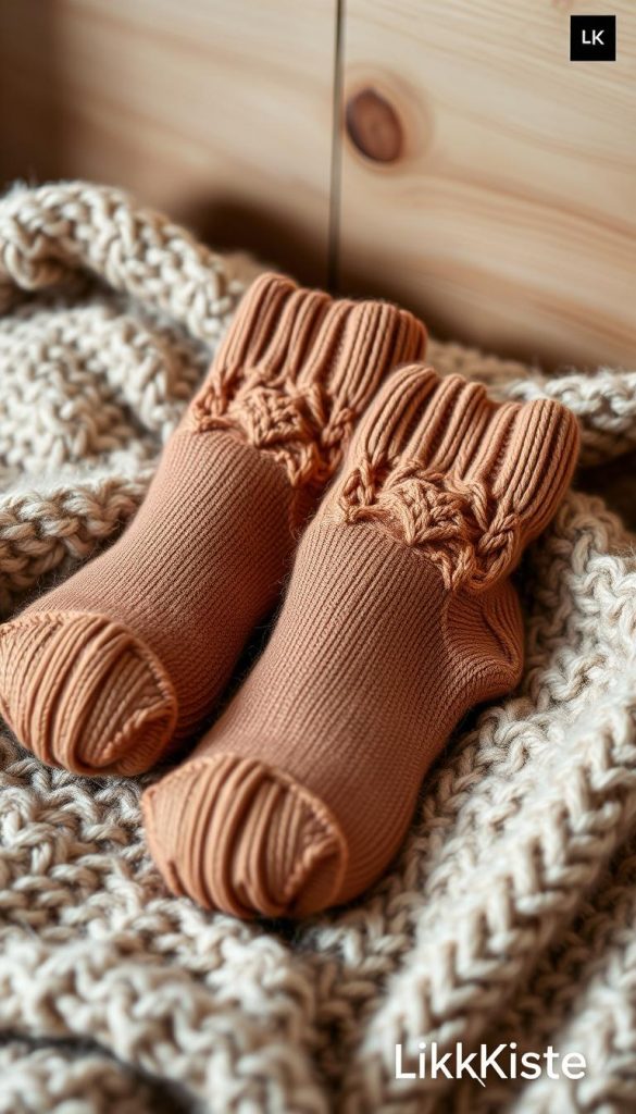 A cozy pair of hand-knitted socks in a warm, earthy color palette lies on a soft, woolen blanket. The socks are adorned with a subtle, geometric pattern, creating a rustic, homemade aesthetic. Soft, diffused lighting illuminates the scene, casting gentle shadows and highlighting the natural textures. In the background, a wooden surface or backdrop adds to the organic, winter-inspired atmosphere. The overall mood is inviting and comforting, evoking a sense of hygge and the comforts of home. A KlickKiste logo discreetly adorns the corner, blending seamlessly into the natural, authentic composition.