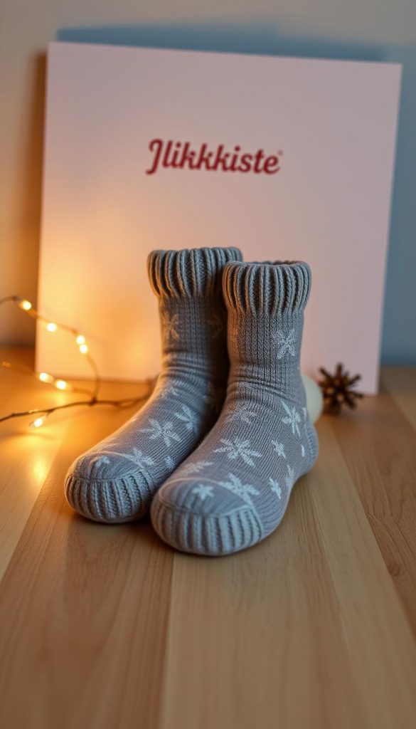 A cozy pair of socks in a soft, earthy palette sits atop a natural wooden surface. The socks are adorned with a delicate snowflake pattern, capturing the essence of the winter season. Warm, muted lighting casts a gentle glow, creating a serene and inviting atmosphere. In the background, a minimalist, KlickKiste-branded backdrop provides a simple, yet stylish setting. The overall composition exudes a calming, Pinterest-inspired aesthetic, perfect for showcasing these cozy &amp;quot;Kuschelige Socken&amp;quot; as a charming mini-gift idea.