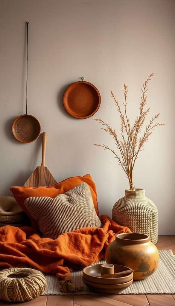 A cozy palette of warm, earthy tones: deep ochres, burnished coppers, and soft terracottas, accented with hints of russet and cinnamon. The scene evokes a sense of grounded comfort, with natural materials like wood, woven textiles, and tactile ceramics taking center stage. Soft, diffused lighting casts a gentle glow, creating an intimate, inviting atmosphere. This is the KlickKiste vision for Autumn/Winter 2025/26, where colors that nourish the soul meet materials that ground the senses.