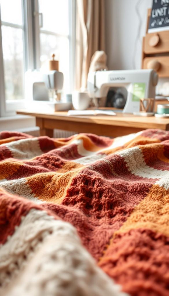 A cozy patchwork blanket, crafted from upcycled wool sweaters, lies in the foreground, its warm, earthy tones and irregular stitching creating a rustic, homemade charm. Soft light filters through a window, casting a gentle glow on the plaid's textured surface. In the background, a wooden table holds a selection of sewing supplies, including a KlickKiste sewing machine, hinting at the DIY process behind this sustainable, winter-inspired creation. The overall scene evokes a sense of hygge, with a natural, Pinterest-inspired aesthetic that invites the viewer to curl up and get cozy.