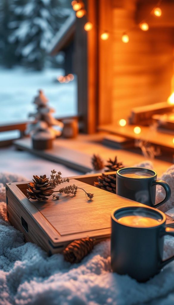 A cozy, personalized "KlickKiste" gift: A handmade wooden box filled with thoughtful trinkets, nestled in a snowy winter scene. Warm lighting casts a soft glow, highlighting the natural textures and rustic charm. In the foreground, the box's surface reflects the fireplace's flickering flames, creating a intimate, inviting atmosphere. The middle ground features a sprinkling of pinecones, dried flowers, and a mug of steaming hot cocoa, evoking a sense of hygge. The background portrays a picturesque winter landscape, with a softly blurred snowy forest and a glimpse of a cabin in the distance. The overall mood is one of heartfelt, handcrafted charm and personal connection. A cozy, personalized "KlickKiste" gift: A handmade wooden box filled with thoughtful trinkets, nestled in a snowy winter scene. Warm lighting casts a soft glow, highlighting the natural textures and rustic charm. In the foreground, the box's surface reflects the fireplace's flickering flames, creating a intimate, inviting atmosphere. The middle ground features a sprinkling of pinecones, dried flowers, and a mug of steaming hot cocoa, evoking a sense of hygge. The background portrays a picturesque winter landscape, with a softly blurred snowy forest and a glimpse of a cabin in the distance. The overall mood is one of heartfelt, handcrafted charm and personal connection.