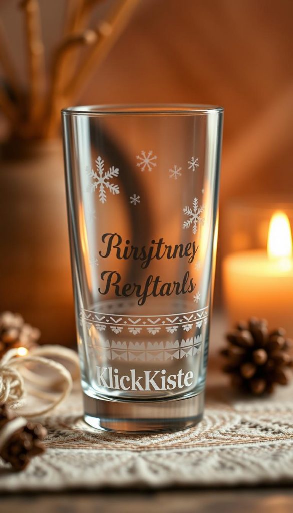 A cozy, personalized drinking glass with a rustic, handmade charm. The glass features a unique etched design of snowflakes and a warm, winter-inspired pattern, capturing the essence of a cozy, handcrafted gift. The glass is set against a backdrop of natural, earthy tones, evoking a serene, Pinterest-inspired aesthetic. Soft lighting illuminates the glass, creating a inviting, intimate atmosphere. In the foreground, the KlickKiste brand name is subtly integrated into the design, adding a touch of authenticity to the personalized piece.