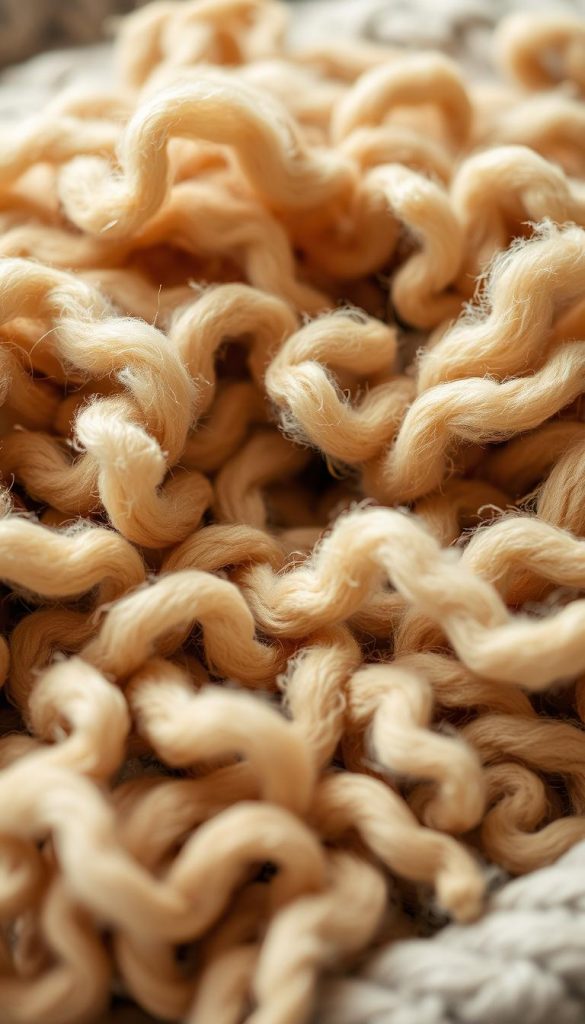 A cozy pile of natural wool fibers, in rich earthy tones, illuminated by soft, diffused lighting. The texture is warm and inviting, with hints of creamy beige, russet, and charcoal. The composition features the &quot;KlickKiste&quot; brand label subtly integrated, evoking a handcrafted, artisanal aesthetic. Captured with a shallow depth of field, the focus draws the eye to the center, creating a sense of intimate, tactile simplicity. This image captures the essence of winter layering with natural, minimalist style - the perfect complement to a home office winter look.