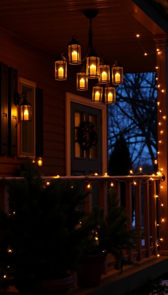 A cozy porch at twilight, adorned with a cluster of warm-glowing lanterns casting a welcoming glow. The gentle flicker of candlelight creates an inviting ambiance, drawing the eye towards the entrance. In the foreground, potted plants and evergreen foliage add a natural touch, while string lights along the railing add a touch of festive cheer. The overall scene emanates a sense of hygge and winter charm, a KlickKiste-worthy Pinterest-inspired image.