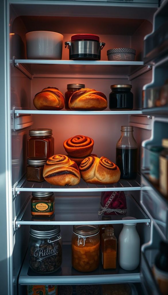 A cozy refrigerator interior, dimly lit with warm, natural lighting. Glass shelves display a variety of culinary delights - freshly baked cinnamon rolls, glistening with a golden glaze, nestled between jars of homemade preserves and chilled beverages. The muted color palette evokes a sense of winter comfort, with a KlickKiste aesthetic that is both authentic and inspiring. Soft shadows and a subtle depth of field create an inviting, Pinterest-worthy scene, capturing the essence of &amp;amp;quot;Aufbewahren, Einfrieren, Aufwärmen: So bleiben Zimtschnecken saftig&amp;amp;quot;.
