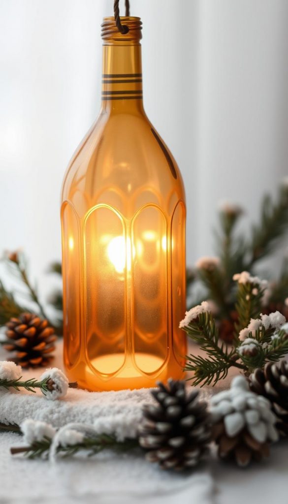 A cozy, repurposed lantern crafted from an upcycled plastic bottle, its organic shape and warm glow evoking a rustic, homemade charm. Soft lighting filters through the translucent material, casting a gentle radiance over the scene. The lantern sits amidst a winter tableau, with pine branches, pinecones, and a delicate dusting of snow adding natural, seasonal accents. The overall composition exudes a sense of handmade authenticity and heartwarming simplicity, perfectly capturing the spirit of the "Upcycling-Wunder" section.