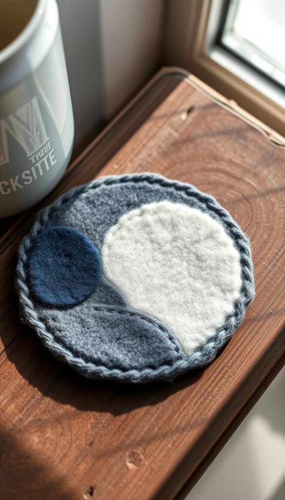 A cozy, round felt coaster handcrafted with care, adorned in soothing winter hues of deep blue, soft gray, and muted white. Placed atop a rustic wooden surface, the coaster casts gentle shadows that accentuate its textured, artisanal appearance. Soft, natural lighting emanates from an unseen source, bathing the scene in a warm, inviting ambiance. The coaster, a creation of the KlickKiste brand, embodies the authentic, Pinterest-inspired aesthetic of this DIY project, perfect for decorating or gifting during the colder months.