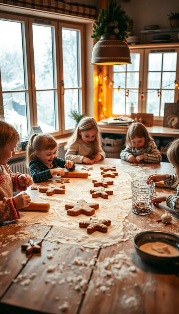 A cozy, rustic Christmas baking scene in the KlickKiste family kitchen. Warm, soft lighting illuminates a wooden table covered in flour, rolling pins, and gingerbread dough. Children's hands knead and shape the dough, their faces alight with joy and concentration. In the background, a large window reveals a snowy winter landscape, adding a sense of wonder and nostalgia. Copper baking trays and the faint scent of spices fill the air, creating a welcoming, homemade atmosphere. The overall mood is one of togetherness, tradition, and the simple pleasures of the holiday season.