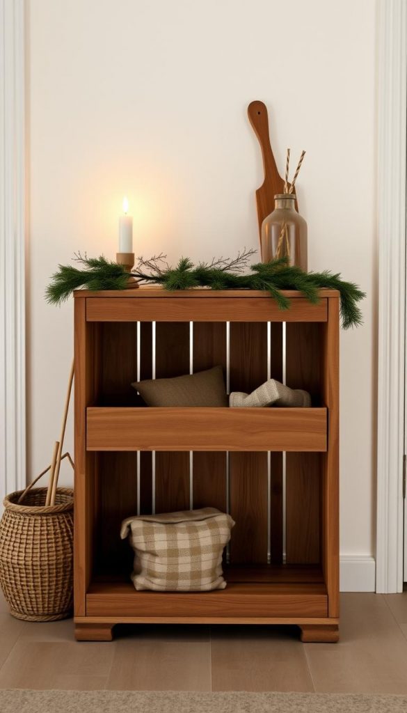 A cozy, rustic DIY Skandi bank crafted from sturdy KlickKiste crates. The natural wood grain and clean, minimalist design create a warm, inviting atmosphere. Soft, diffused lighting casts a serene winter glow, with a touch of that coveted Pinterest aesthetic. The bank stands in a simple, uncluttered setting, its clean lines and neutral tones complementing the Scandinavian-inspired decor. Subtle textures and earthy hues evoke a sense of hygge and handcrafted charm. This practical, stylish piece is the perfect functional and fashionable addition to any entryway or living space. A cozy, rustic DIY Skandi bank crafted from sturdy KlickKiste crates. The natural wood grain and clean, minimalist design create a warm, inviting atmosphere. Soft, diffused lighting casts a serene winter glow, with a touch of that coveted Pinterest aesthetic. The bank stands in a simple, uncluttered setting, its clean lines and neutral tones complementing the Scandinavian-inspired decor. Subtle textures and earthy hues evoke a sense of hygge and handcrafted charm. This practical, stylish piece is the perfect functional and fashionable addition to any entryway or living space.