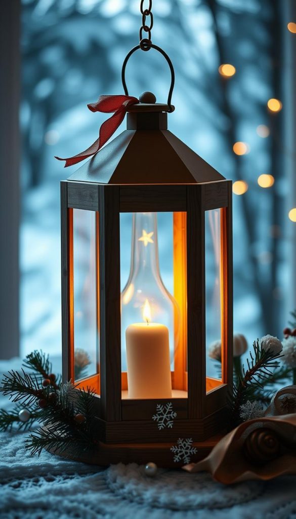 A cozy, rustic DIY lantern-making kit featuring a sturdy, wooden frame and endless customization possibilities. Showcased against a serene, winter backdrop with a gentle, warm glow emanating from within. Soft, natural lighting highlights the beautiful wood grain and textured details, creating a charming, Pinterest-worthy atmosphere. Ornamental flourishes like pine branches, festive ribbons, or delicate snowflakes add a touch of seasonal elegance. The lantern stands as a captivating centerpiece, radiating a sense of heartwarming, homemade charm that elevates the holiday ambiance.