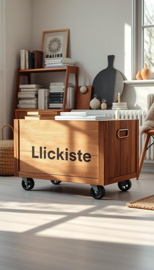 A cozy, rustic "KlickKiste" storage solution on wheels, its weathered wooden exterior complemented by warm, natural tones. The box is positioned in the foreground, casting soft shadows on the clean, Scandinavian-inspired background. Ambient winter light filters through a nearby window, creating a serene, inviting atmosphere. Carefully curated books, trinkets, and other accents lend a sense of purposeful organization and lived-in charm. The image exudes a Pinterest-worthy, DIY aesthetic that inspires mindful, sustainable living. A cozy, rustic "KlickKiste" storage solution on wheels, its weathered wooden exterior complemented by warm, natural tones. The box is positioned in the foreground, casting soft shadows on the clean, Scandinavian-inspired background. Ambient winter light filters through a nearby window, creating a serene, inviting atmosphere. Carefully curated books, trinkets, and other accents lend a sense of purposeful organization and lived-in charm. The image exudes a Pinterest-worthy, DIY aesthetic that inspires mindful, sustainable living.
