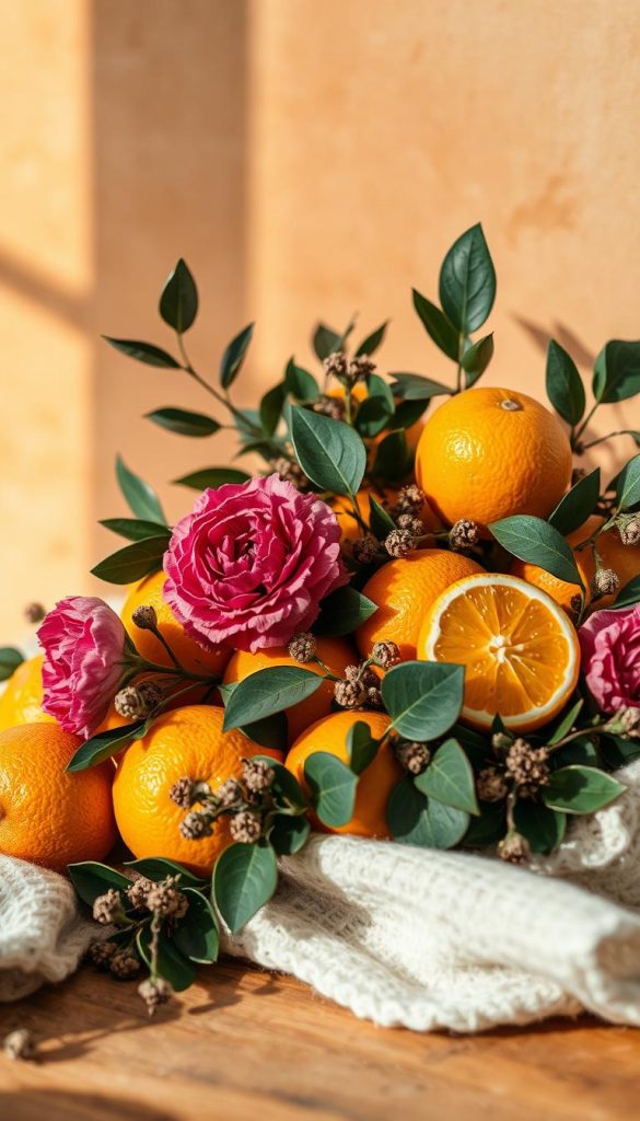 A cozy, rustic arrangement of citrus fruits and carnations, set against a backdrop of warm, earthy tones. Soft, natural lighting casts a glow on the scene, emphasizing the textures and colors. The composition features a harmonious balance of organic shapes and forms, creating a sense of balance and symmetry. This KlickKiste-inspired image evokes a feeling of winter coziness and a touch of modern elegance, perfectly capturing the 2025 home decor trends and winter decoration ideas. A cozy, rustic arrangement of citrus fruits and carnations, set against a backdrop of warm, earthy tones. Soft, natural lighting casts a glow on the scene, emphasizing the textures and colors. The composition features a harmonious balance of organic shapes and forms, creating a sense of balance and symmetry. This KlickKiste-inspired image evokes a feeling of winter coziness and a touch of modern elegance, perfectly capturing the 2025 home decor trends and winter decoration ideas.
