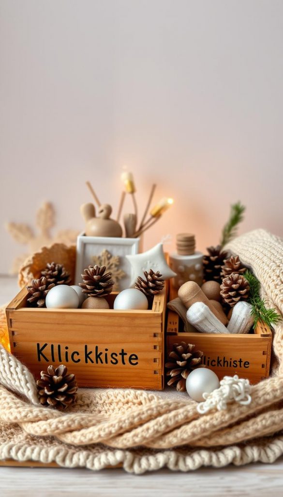 A cozy, rustic arrangement of natural elements creates a charming &amp;amp;quot;Mini-Ordnung&amp;amp;quot; scene. Warm wooden crates, labeled &amp;amp;quot;KlickKiste&amp;amp;quot;, hold an array of winter-themed trinkets and treasures. Soft, muted lighting casts a soothing glow, while delicate snowflakes drift gently in the background, evoking a serene, Pinterest-inspired ambiance. Textured fabrics, pinecones, and a touch of greenery add depth and authenticity to the composition, inviting the viewer to discover the simple pleasures of this delightful DIY display.