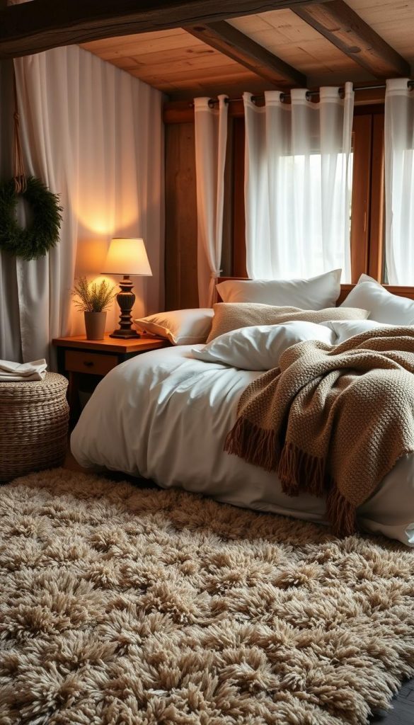 A cozy, rustic bedroom scene with a plush, inviting bed dressed in crisp white linens and warm, textured blankets. Soft, ambient lighting filters through sheer curtains, casting a gentle glow. On the bedside table, a vintage-inspired lamp and a potted plant add natural touches. In the foreground, a fluffy area rug in earthy tones anchors the scene, hinting at the winter-inspired KlickKiste decor. The overall atmosphere is one of calm, comfort, and practicality - a haven to retreat to on a chilly day.