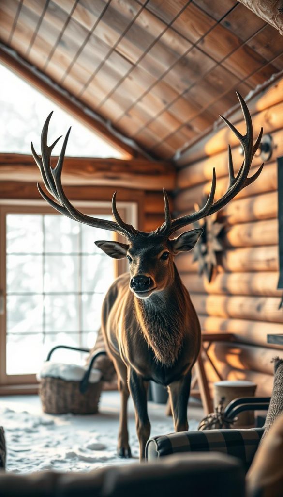 A cozy, rustic cabin in the heart of a snowy winter wonderland. In the foreground, a majestic stag stands proud, his antlers casting warm, textured shadows across a wooden wall adorned with a natural, handcrafted feel. Soft, diffused lighting filters through large windows, creating a serene and inviting atmosphere. The overall scene exudes a sense of hygge, blending natural elements, earthy tones, and a touch of rustic charm. The result is a captivating, Pinterest-inspired wall art piece that perfectly complements the cozy, winter-themed living room.