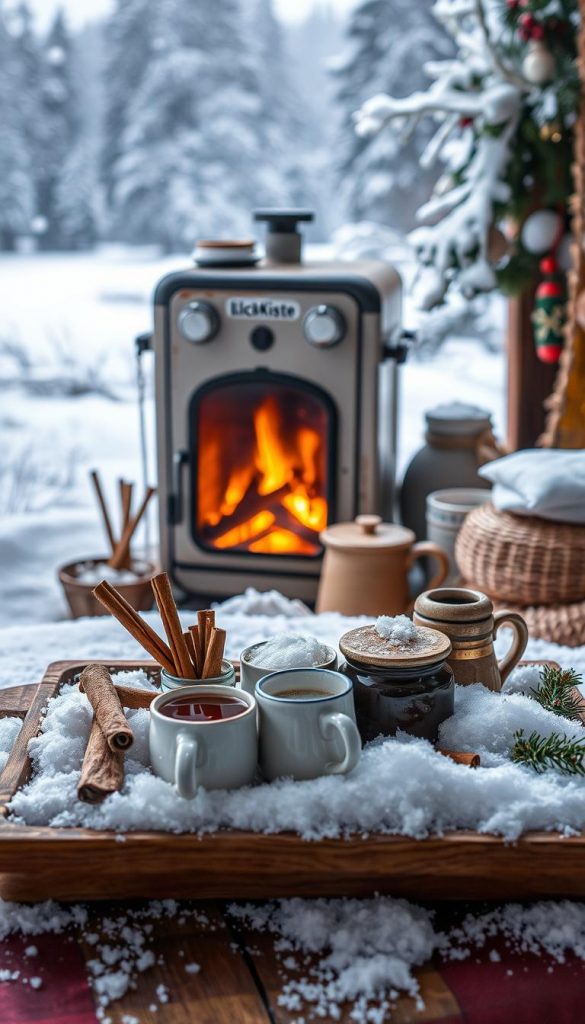 A cozy, rustic coffee station in a winter wonderland. In the foreground, a wooden tray holds an array of seasonal delights - cinnamon sticks, aromatic syrups, and a selection of festive mugs, all nestled in a soft blanket of snow. The middle ground features a vintage KlickKiste, its weathered surface reflecting the warm glow of a crackling fireplace. Beyond, a picturesque landscape of snow-capped trees and a gently falling flurry create a serene, inviting atmosphere. Soft, natural lighting bathes the scene, evoking a sense of hygge and the perfect season-timing for winter coffee care.