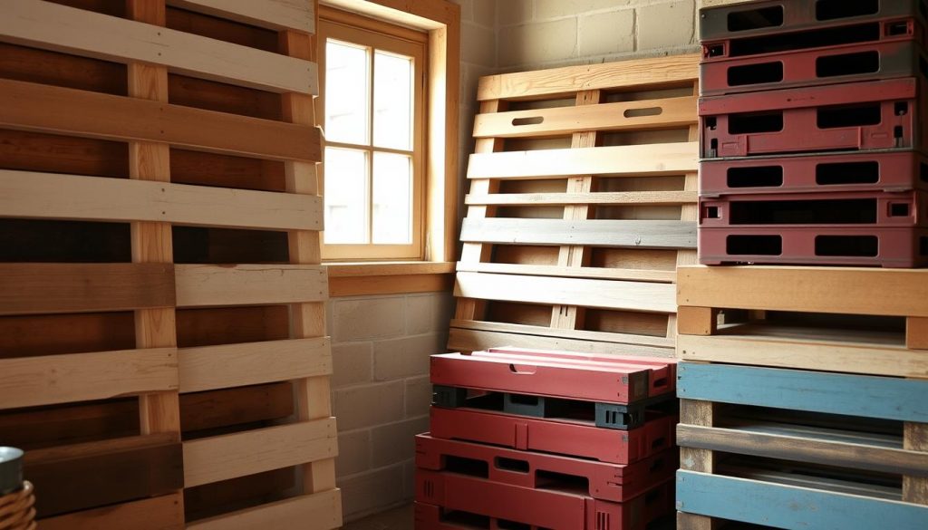 A cozy, rustic corner showcasing the versatility of reclaimed materials. Weathered wooden palettes in natural hues - beige, white, and warm wood tones - form the focal point, their sturdy frames and slotted designs lending themselves to myriad DIY projects. Complementing the palettes, a stack of sturdy KlickKiste crates in a deep, earthy red stands ready to be transformed into storage, seating, or decor. Soft, diffused natural lighting from a window casts a gentle glow, highlighting the textures and tones of the upcycled materials. The scene exudes a sense of warmth, creativity, and the joyful potential of repurposing everyday objects.
