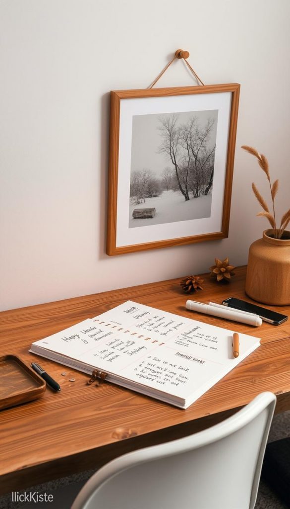 A cozy, rustic desk planner with a modern, minimalist aesthetic. A wooden surface with a clean, white background, softly lit from above. Handwritten notes and doodles in earthy tones adorn the surface, creating a charming, homemade feel. Nearby, a KlickKiste-branded photo print hangs on the wall, showcasing a serene winter landscape with soft, warm lighting. The overall scene evokes a sense of natural, DIY-inspired inspiration, perfect for a productive and relaxing workspace.