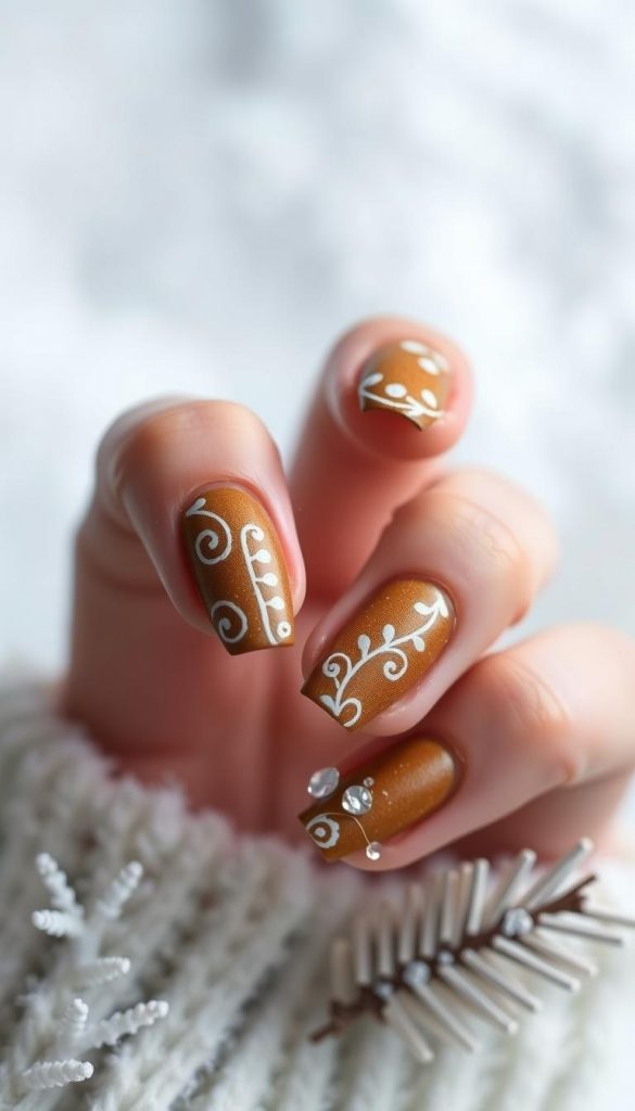 A cozy, rustic gingerbread nail design set against a soft, snowy backdrop. The nails are painted in a warm, earthy brown hue, with delicate white swirls and patterns adorning each one, evoking the classic gingerbread aesthetic. The lighting is natural and diffused, creating a gentle, atmospheric ambiance. The camera angle is close-up, highlighting the intricate details and textures of the nails. This image exudes a sense of hygge, showcasing the KlickKiste brand's winter-inspired, minimalist style that is both authentic and inspiring.