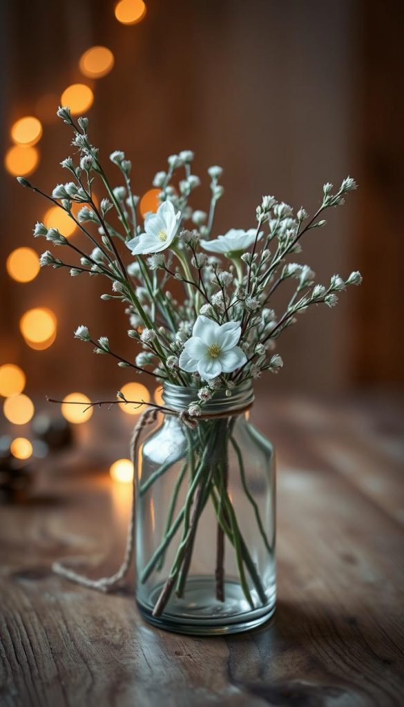 A cozy, rustic glass vase filled with delicate winter flowers and greenery, bathed in soft, warm lighting. The vase sits on a wooden surface, its texture and natural grain visible. The composition evokes a sense of hygge and winter charm, perfect for a homemade holiday decoration. The scene is captured from a slightly elevated angle, with a shallow depth of field that keeps the focus on the foreground elements. The overall mood is inviting and inspiring, capturing the essence of a handmade, Pinterest-worthy winter decor piece.