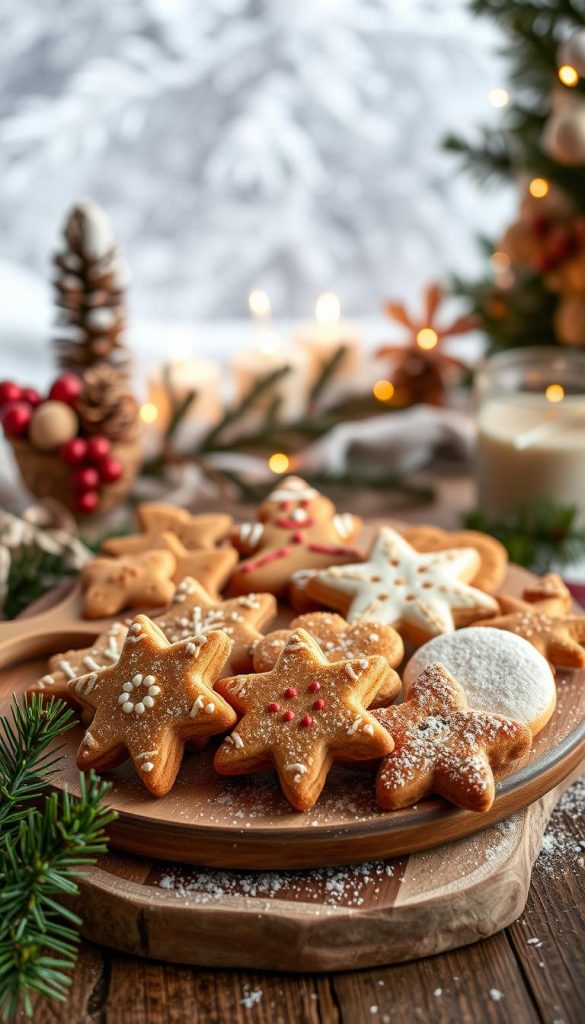 A cozy, rustic holiday scene showcasing a KlickKiste &quot;Plätzchenteller&quot; arrangement. In the foreground, an assortment of freshly baked Christmas cookies - gingerbread, shortbread, and sugar cookies - artfully displayed on a natural wooden platter. The middle ground features a festive winter backdrop, with a dusting of powdery snow, warm lighting, and a hint of pine garland. The overall atmosphere evokes a sense of homemade charm and holiday cheer, captured through a soft, dreamy lens. The image exudes a natural, DIY-inspired aesthetic with a Pinterest-worthy aesthetic.