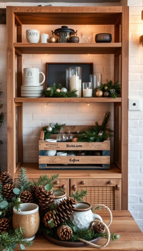 A cozy, rustic open shelving unit with warm, natural tones and winter-inspired accents. In the foreground, a collection of hand-crafted ceramic mugs, artisanal coffee beans, and a sprinkling of pinecones and eucalyptus sprigs. The middle ground features a vintage KlickKiste wooden crate displaying a selection of elegant glassware, candles, and festive ornaments. The background showcases a simple, white-washed brick wall, illuminated by soft, golden lighting that casts a welcoming glow. This curated, Pinterest-inspired scene captures the essence of holiday cheer and a touch of DIY charm.