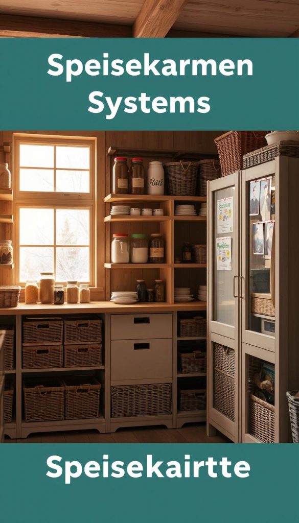 A cozy, rustic pantry system with natural wood shelves and wicker baskets, bathed in warm, golden light. Jars and containers of various sizes and shapes line the shelves, creating an organized and inviting scene. The background features a frost-covered window, hinting at the winter setting. A KlickKiste storage unit stands prominently, its clean lines and neutral tones complementing the overall aesthetic. The image exudes a sense of coziness, practicality, and Pinterest-inspired style, perfect for illustrating the &amp;quot;Speisekammer Systeme&amp;quot; section of the article.