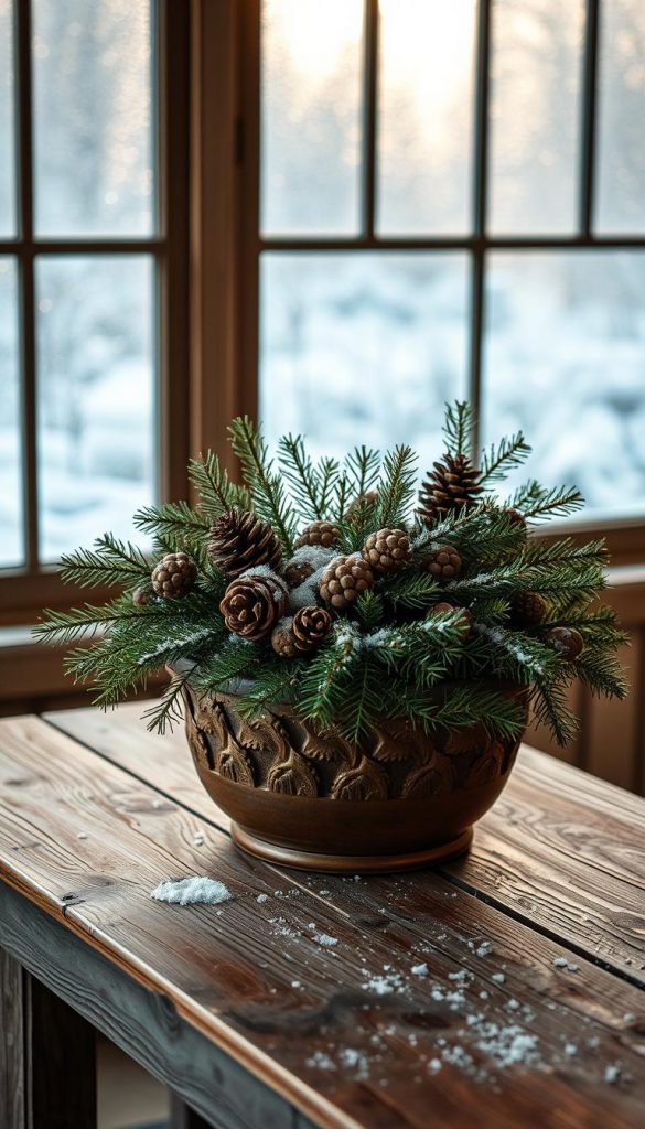A cozy, rustic scene depicting a charming plant planter, its surface adorned with a festive arrangement of pine branches, pinecones, and a sprinkling of snow. The planter sits upon a weathered wooden table, its warm tones contrasting with the cool, muted hues of the winter landscape visible through a large, frosted window. Soft, golden lighting casts a soothing glow, evoking a sense of hygge and winter wonder. The overall composition exudes a natural, handcrafted aesthetic, seamlessly blending the indoor and outdoor elements to create a visually striking and inspirational display.
