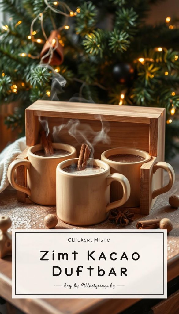 A cozy, rustic scene featuring a handmade &quot;Zimt Kakao Duftbar&quot; by KlickKiste. The bar is crafted from natural wood, with a warm, inviting glow. Steam rises from mugs filled with aromatic cinnamon and cocoa, creating a comforting winter atmosphere. Cinnamon sticks, whole nutmegs, and a dusting of powdered sugar add festive touches. Soft, natural lighting casts a golden hue, highlighting the craftsmanship. The bar is showcased on a wooden surface, surrounded by lush, evergreen foliage and twinkling fairy lights, evoking a Pinterest-worthy, DIY-inspired vignette. The overall mood is one of hygge and holiday cheer.