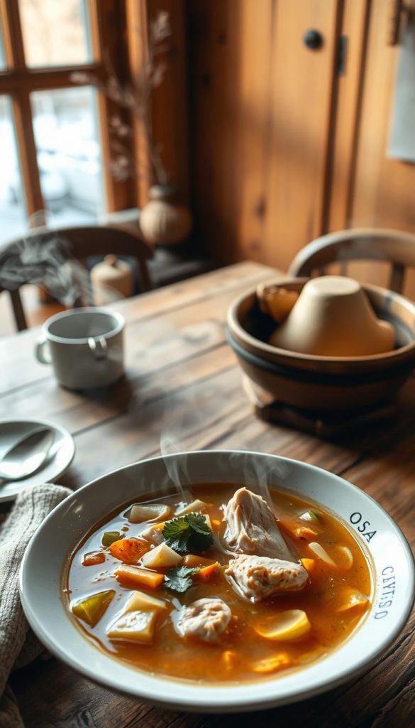 A cozy, rustic scene of a hearty chicken soup with ginger, steam rising gently. In the foreground, a large bowl filled with the aromatic broth, chunks of tender chicken, and fresh vegetables. The middle ground features a wooden table, natural textures, and a simple, yet elegant place setting. The background has a warm, soft-focused window view, hinting at the chilly winter outside. The lighting is natural and diffused, creating a comforting, homey atmosphere. This image, with its inviting palette and charming, handcrafted aesthetic, is perfect for the "Winter Suppen & Eintöpfe: Unsere liebsten Klassiker für schnelle Rezepte im Alltag" section. Photographed by KlickKiste. A cozy, rustic scene of a hearty chicken soup with ginger, steam rising gently. In the foreground, a large bowl filled with the aromatic broth, chunks of tender chicken, and fresh vegetables. The middle ground features a wooden table, natural textures, and a simple, yet elegant place setting. The background has a warm, soft-focused window view, hinting at the chilly winter outside. The lighting is natural and diffused, creating a comforting, homey atmosphere. This image, with its inviting palette and charming, handcrafted aesthetic, is perfect for the "Winter Suppen & Eintöpfe: Unsere liebsten Klassiker für schnelle Rezepte im Alltag" section. Photographed by KlickKiste.