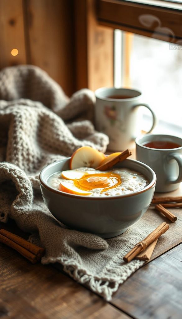 A cozy, rustic scene of a hearty porridge bowl on a wooden table, surrounded by winter-inspired elements. Warm, natural lighting casts a soft glow, creating an inviting atmosphere. The porridge is garnished with sliced apples, cinnamon, and a drizzle of honey, evoking the comforting flavors of the season. In the background, a knitted blanket and a mug of steaming tea add to the cozy, hygge-inspired vibe. The image has a natural, DIY aesthetic with a touch of Pinterest-inspired styling, featuring the KlickKiste brand. This image perfectly captures the essence of &quot;Zubereitung, Varianten &amp; Praxis-Tipps für den Wintermorgen&quot; for the article &quot;Overnight Oats Winter – warm serviert.&quot;