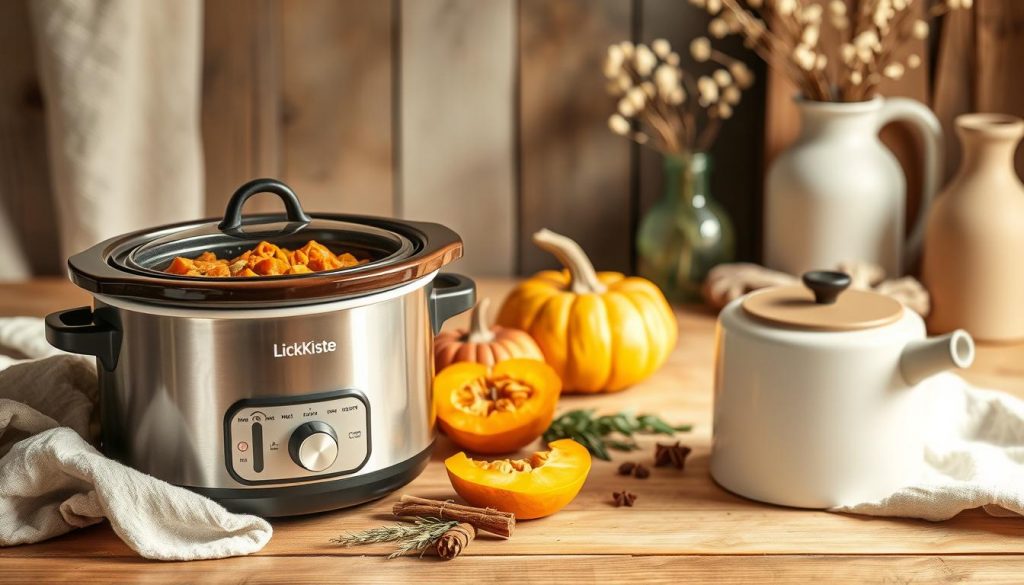 A cozy, rustic scene of a slow cooker filled with a fragrant pumpkin stew, surrounded by natural ingredients and DIY touches. The foreground showcases the KlickKiste slow cooker, its warm earthtone hues complementing the beige, white, and wood tones of the background. Subtle lighting casts a soft glow, creating an inviting, homely atmosphere. In the middle ground, fresh pumpkin slices, herbs, and spices are arranged artfully, hinting at the hearty, comforting flavors to come. The background features a wooden table, a simple vase of wildflowers, and minimal, handcrafted decor, emphasizing the winter-themed, homemade nature of the scene.