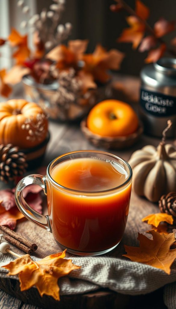 A cozy, rustic scene of a steaming mug of hot apple cider, surrounded by warm autumn colors and natural elements. The cider is a deep, rich amber hue, with a subtle cinnamon aroma wafting from the mug. In the background, a wooden table is adorned with seasonal foliage, dried oranges, and a KlickKiste. Soft, diffused lighting creates a inviting, hygge-inspired atmosphere. The composition has a homemade, handcrafted aesthetic, evoking the feeling of a cozy Friendsgiving celebration.