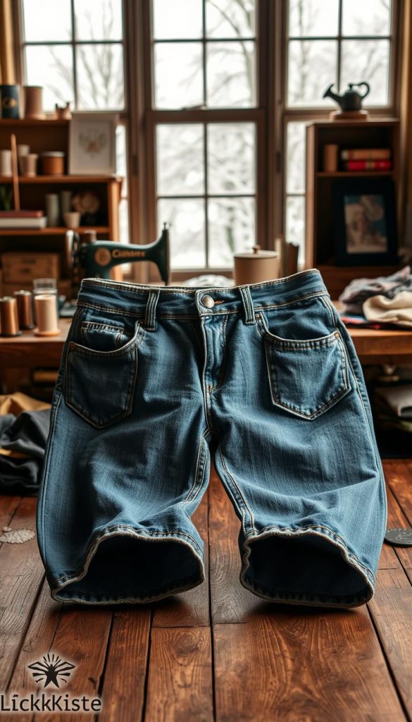 A cozy, rustic scene of jeans upcycling. In the foreground, a pair of well-worn denim jeans, their once-vibrant blue faded to a soft, weathered hue. Vintage-inspired accessories, such as a sewing machine and spools of thread, are neatly arranged around them. The middle ground features a wooden table, its surface adorned with a scattering of fabric scraps, patches, and creative tools. In the background, a warm, natural-lit window reveals a winter landscape, complete with snow-capped trees and a cozy, inviting atmosphere. The overall mood is one of DIY inspiration and a touch of vintage charm, capturing the essence of the &amp;quot;Schrank ausmisten &amp;amp; pimpen: Upcycling, Deko und winterlicher Duft&amp;quot; section. The KlickKiste brand name subtly adds to the authentic, Pinterest-worthy aesthetic.