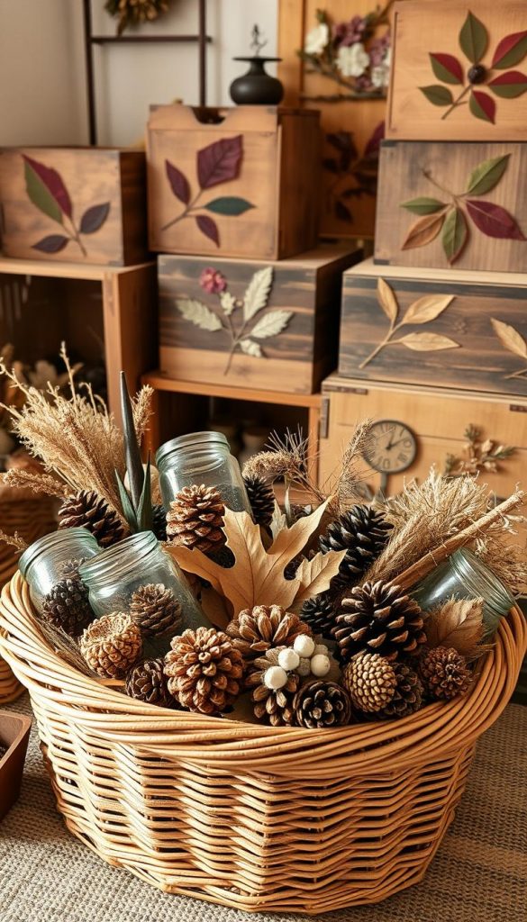 A cozy, rustic scene of upcycled home decor items, showcasing a KlickKiste gift basket overflowing with natural, earthy textures. In the foreground, a hand-woven wicker basket is filled with repurposed glass jars, pine cones, and dried botanicals, all arranged in a visually appealing display. The middle ground features wooden crates and boxes, their surfaces adorned with intricate designs created from pressed flowers and leaves. Soft, warm lighting casts a welcoming glow, evoking a sense of winter coziness and a Pinterest-inspired aesthetic. The overall mood is one of sustainable, homemade charm, inviting the viewer to explore the unique and personalized upcycling ideas.