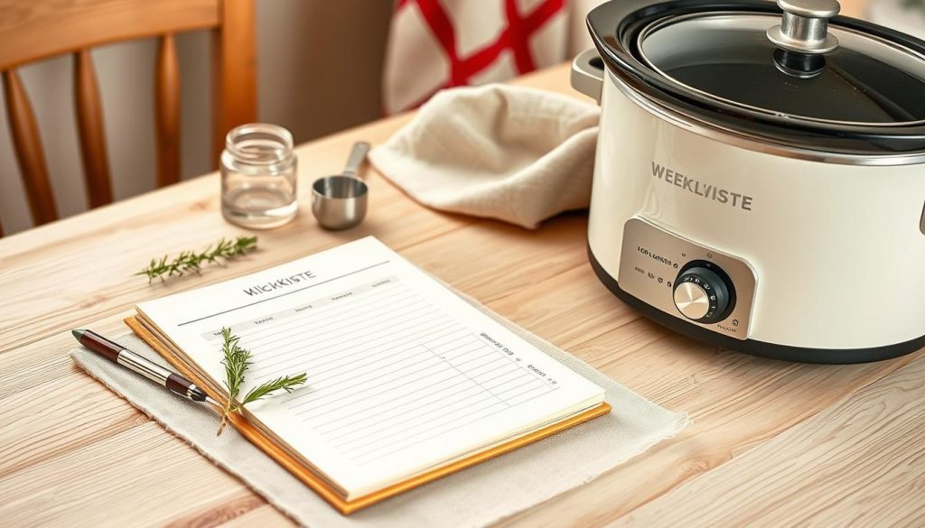 A cozy, rustic scene showcases a weekly meal planner laid out on a light wooden table, surrounded by natural elements. In the foreground, a hand-crafted weekly schedule notepad from the "KlickKiste" brand sits atop a beige-colored linen cloth, its pages open to reveal carefully planned winter recipes. Beside it, a sprig of rosemary, a small glass jar, and a pair of steel measuring spoons create a charming, DIY-inspired vignette. In the middle ground, a slow cooker in a warm white hue stands ready, its lid slightly ajar, hinting at the hearty, comforting meals to come. The background features a neutral, earthy palette with hints of red, perhaps a patterned kitchen towel or a potted plant, completing the inviting, stress-free atmosphere.