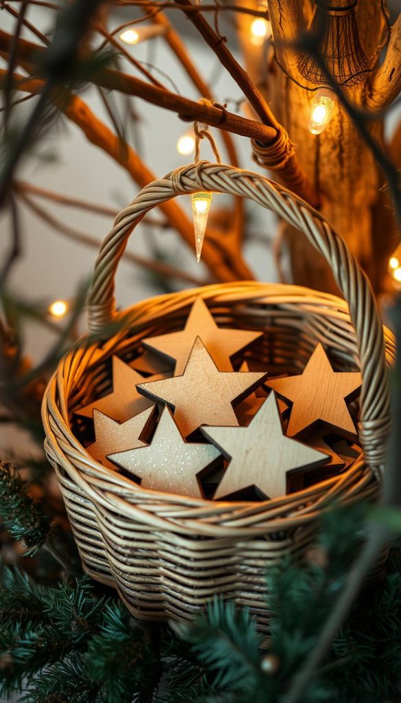 A cozy rustic scene with a woven wicker basket filled with wooden star ornaments, nestled amongst the natural branches of a tree. Warm, soft lighting illuminates the textured wood and gently casts shadows, creating a serene and inviting ambiance. The stars glimmer and sparkle, evoking a sense of holiday cheer and a touch of whimsy. The composition is balanced, with the basket and stars as the focal point, surrounded by the organic, earthy tones of the tree. An image that captures the essence of a charming, homemade Christmas decor with a rustic, countryside aesthetic. A cozy rustic scene with a woven wicker basket filled with wooden star ornaments, nestled amongst the natural branches of a tree. Warm, soft lighting illuminates the textured wood and gently casts shadows, creating a serene and inviting ambiance. The stars glimmer and sparkle, evoking a sense of holiday cheer and a touch of whimsy. The composition is balanced, with the basket and stars as the focal point, surrounded by the organic, earthy tones of the tree. An image that captures the essence of a charming, homemade Christmas decor with a rustic, countryside aesthetic.