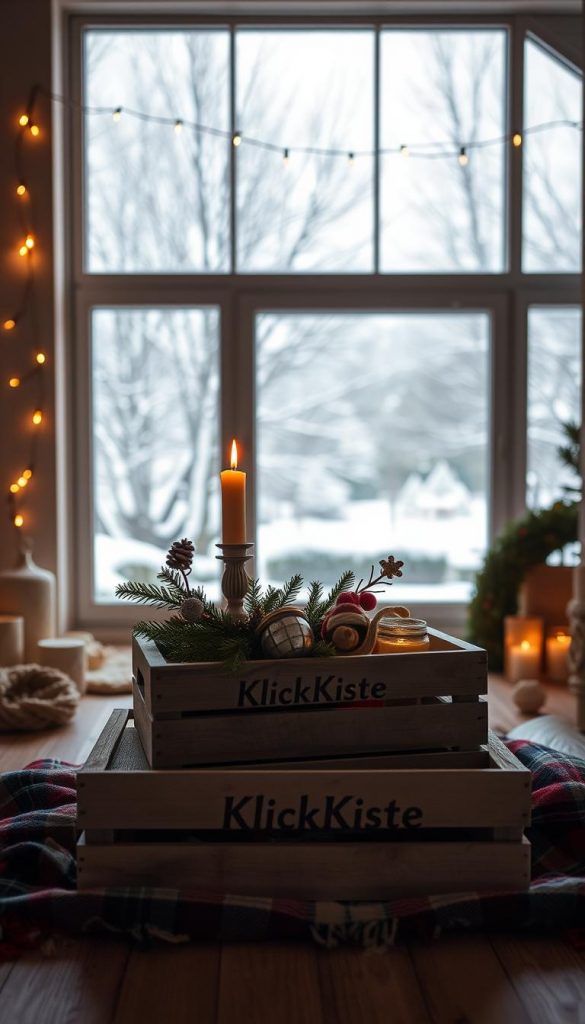 A cozy, rustic setup with warm lighting and earthy tones, perfect for festive photos. In the foreground, a KlickKiste wooden crate sits atop a plaid blanket, holding a candle, pine branches, and a few holiday trinkets. The middle ground features a string of fairy lights draped across a neutral-colored wall, casting a soft, ambient glow. In the background, a large window overlooks a snowy winter landscape, letting in natural light and creating a serene, magical atmosphere. The overall scene has a natural, handmade feel with a touch of whimsy, ideal for capturing the essence of the holiday season.