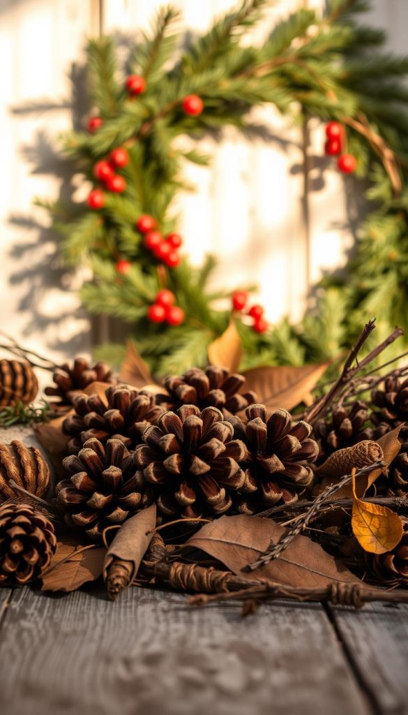 A cozy, rustic still life arrangement of natural materials, illuminated by soft, warm lighting. In the foreground, an assortment of pinecones, dried leaves, and twigs in earthy tones. Behind, a wreath of fresh evergreen branches, accented with a few red berries. The background features a weathered, wooden surface, casting gentle shadows and highlighting the organic textures. A serene, winter-inspired scene, radiating a sense of simplicity and charm. Captured with a shallow depth of field, creating a dreamlike, Pinterest-inspired aesthetic.