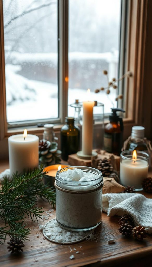 A cozy, rustic still life depicting natural homemade beauty products. In the foreground, a handcrafted jar of fragrant bath salts or body scrub sits on a wooden surface, surrounded by fresh sprigs of evergreen and a single ivory candle, its flame casting a warm, intimate glow. In the middle ground, various natural ingredients like dried flowers, herbs, and essential oils are arranged in an artful, deliberately styled composition. The background is a soft, hazy winter landscape, with a snow-dusted windowpane offering a glimpse of a serene, snow-covered garden. The overall mood is one of simple luxury, self-care, and holiday charm.