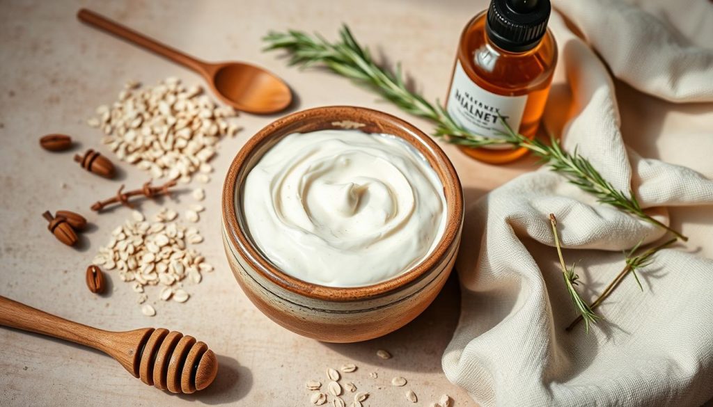 A cozy, rustic still life of homemade facial masks and skincare products, shot in natural light against a neutral background. The main focus is a handcrafted ceramic bowl filled with a creamy, fragrant face mask made from KlickKiste natural ingredients like oats, honey, and essential oils. Surrounding it are artfully arranged items like a wooden spoon, a sprig of rosemary, and a linen cloth. The overall mood is warm, earthy, and inviting, evoking a sense of self-care and relaxation.