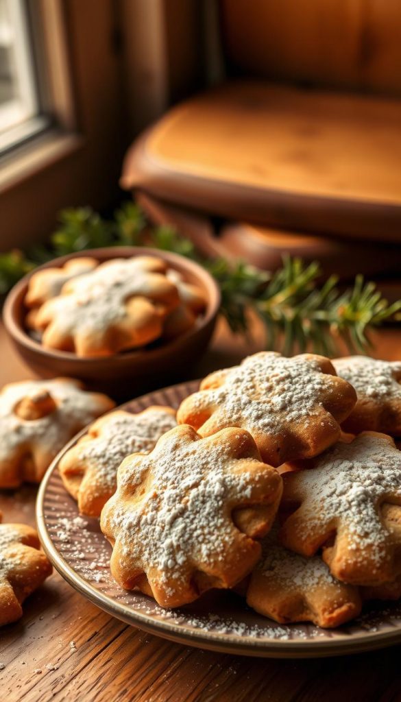 A cozy, rustic still life scene featuring a plate of freshly baked plätzchen (traditional German Christmas cookies). The cookies are arranged artfully, with crumbs and a light dusting of powdered sugar creating a charming, homemade look. Warm, soft lighting from a nearby window casts a golden glow, highlighting the crisp, delicate texture of the baked goods. In the background, a simple wooden table or surface adds to the handcrafted, seasonal atmosphere. Hints of greenery, like sprigs of pine or holly, add a festive touch. The overall mood is one of wholesome, winter comfort - a perfect illustration for the "Plätzchen & kleines Gebäck" section of the article. A cozy, rustic still life scene featuring a plate of freshly baked plätzchen (traditional German Christmas cookies). The cookies are arranged artfully, with crumbs and a light dusting of powdered sugar creating a charming, homemade look. Warm, soft lighting from a nearby window casts a golden glow, highlighting the crisp, delicate texture of the baked goods. In the background, a simple wooden table or surface adds to the handcrafted, seasonal atmosphere. Hints of greenery, like sprigs of pine or holly, add a festive touch. The overall mood is one of wholesome, winter comfort - a perfect illustration for the "Plätzchen & kleines Gebäck" section of the article.