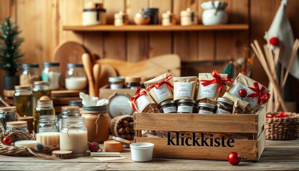 A cozy, rustic still life scene of homemade cosmetic gift sets. In the foreground, a wooden crate labeled &quot;KlickKiste&quot; overflows with an assortment of DIY beauty products - fragrant candles, lip balms, and body scrubs in natural hues of beige, white, and red. Midground showcases the gift-making process, with jars of ingredients, utensils, and crafting materials arranged neatly. The background features a warm, soft-lit backdrop of wooden shelves, highlighting the handmade nature of the presents. The overall atmosphere exudes a sense of care, creativity, and the joy of giving thoughtful, personalized gifts.