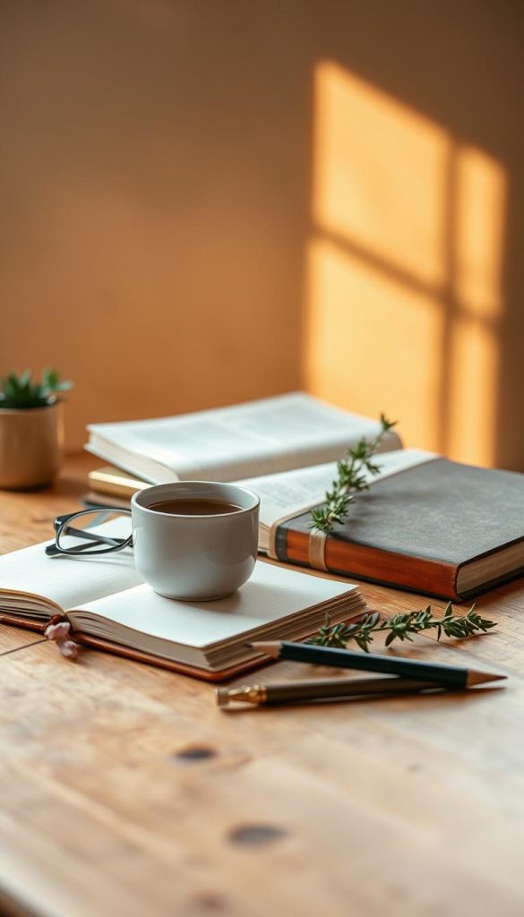 A cozy, rustic still life showcasing everyday habits and routines. A wooden table or surface in the foreground, with various small objects arranged - a mug of hot coffee, a journal, a pair of reading glasses, a pencil, and a sprig of greenery. Warm, natural lighting casts a soft glow, accentuating the textures and colors. In the background, a neutral, muted wall or window, letting the focus remain on the simple, grounding items. The overall mood is one of mindfulness, simplicity, and quiet productivity. Photographed with a KlickKiste aesthetic - clean, authentic, and inspirational. A cozy, rustic still life showcasing everyday habits and routines. A wooden table or surface in the foreground, with various small objects arranged - a mug of hot coffee, a journal, a pair of reading glasses, a pencil, and a sprig of greenery. Warm, natural lighting casts a soft glow, accentuating the textures and colors. In the background, a neutral, muted wall or window, letting the focus remain on the simple, grounding items. The overall mood is one of mindfulness, simplicity, and quiet productivity. Photographed with a KlickKiste aesthetic - clean, authentic, and inspirational.
