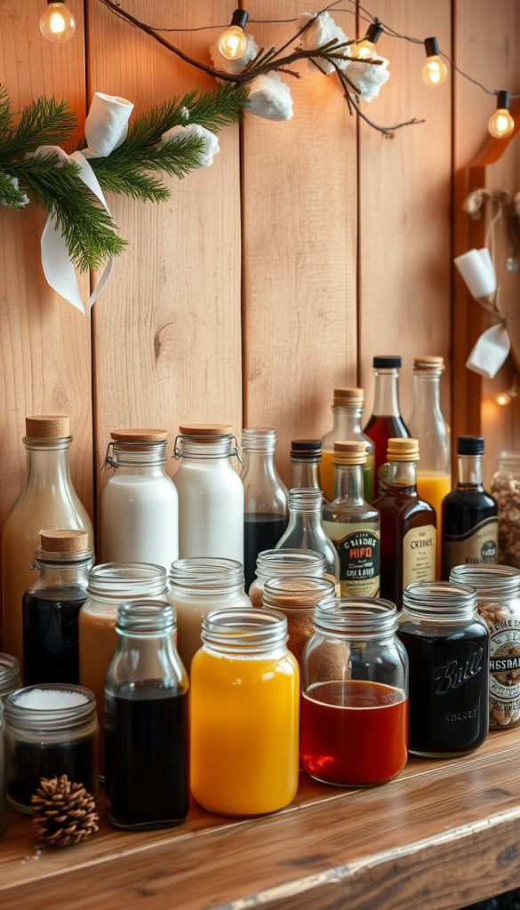 A cozy, rustic syrup bar set against a backdrop of warm winter hues. Wooden surfaces and natural tones create an inviting, homemade aesthetic. An assortment of glass jars and bottles filled with various syrups, sugars, and toppings are neatly arranged, evoking a sense of DIY charm. Soft, diffused lighting casts a gentle glow, adding to the intimate, &quot;KlickKiste&quot; atmosphere. The scene exudes a welcoming, Pinterest-inspired vibe, perfect for customizing hot beverages with delightful winter flavors.