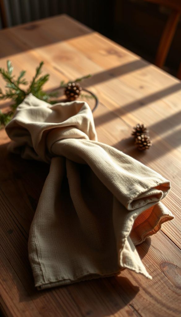 A cozy, rustic table setting with soft, textured linen napkins in muted earth tones. The napkins are neatly folded, casting gentle shadows on the wooden table surface. Warm, diffused lighting creates a serene, intimate atmosphere, highlighting the natural grain and tones of the table. Subtle hints of winter foliage, such as sprigs of evergreen or pinecones, add a touch of festive charm. The overall scene exudes a sense of simple elegance, perfectly complementing the theme of "Gedeck, Textilien & kleine Details: so wirkt deine Festtafel rund".