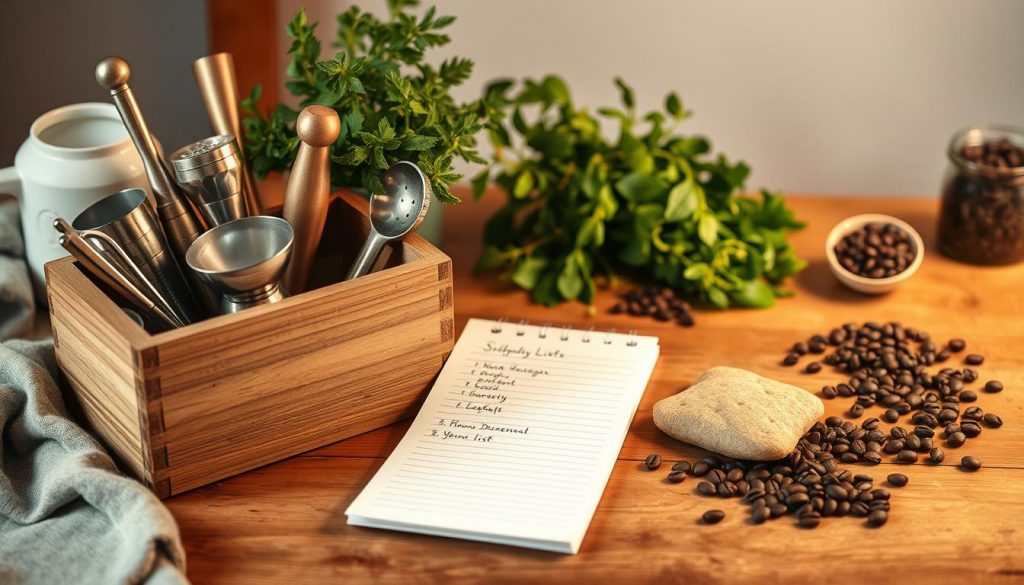 A cozy, rustic tabletop scene showcasing an &quot;Einkaufs- &amp; Prep-Guide&quot; for a homemade bar setup. In the foreground, a wooden KlickKiste container holds various bartending essentials like jiggers, muddlers, and strainers. Alongside it, a crisp white notepad displays a handwritten shopping list. The middle ground features an array of natural elements - a lush potted plant, a bundle of fresh herbs, and a handful of whole coffee beans. The background is softly lit, highlighting the warm, earthy tones of the wooden surface and complementing the muted color palette. The overall mood is one of thoughtful preparation and stylish simplicity, inviting the viewer to curate their own Silvester celebration at home.